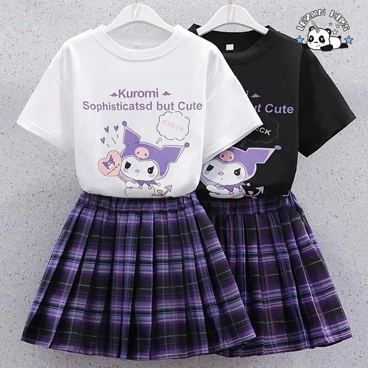LEZONKIDS - 2023 Summer Scottish style printed T shirt and plaid skirt girls boutique clothes sets